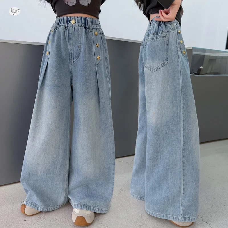 Neu eingetroffene Mädchen-Jeanshosen, modische Denim-Hosen für Kinder, lockere, gerade geschnittene Stacked-Jeans mit Knöpfen, lässige Kinderhosen, 4-14 Jahre