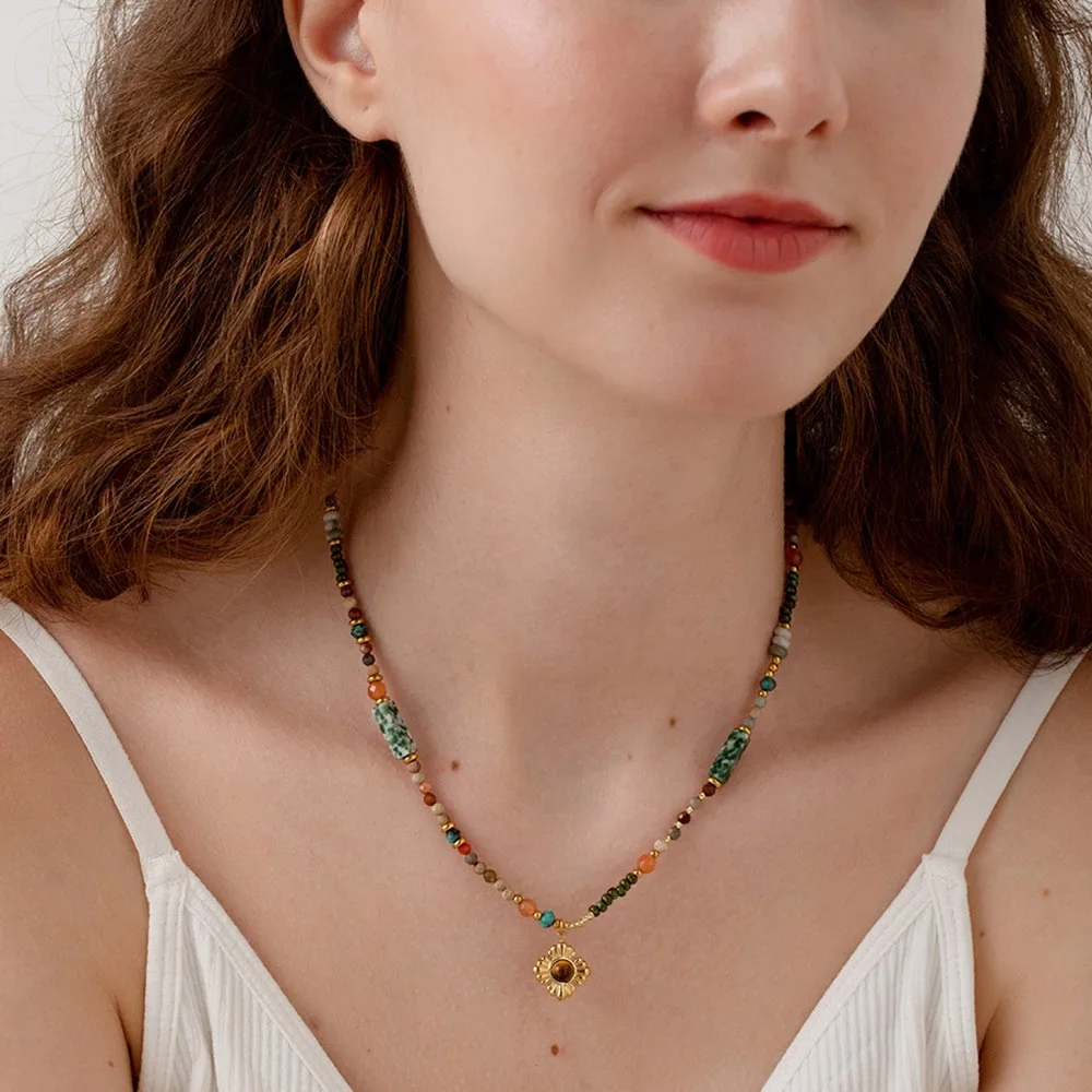 

Dopamine Natural Stone Beaded Necklace Colorful Vintage Layered Choker Stainless Steel Stacking Jewelry for Women Gift