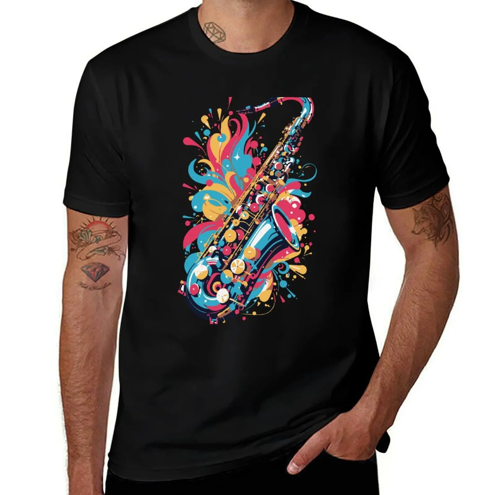 

Saxophone Player Musical Notes Jazz T-Shirt funny shirt cotton Short sleeve tee Blouse men t shirts high quality