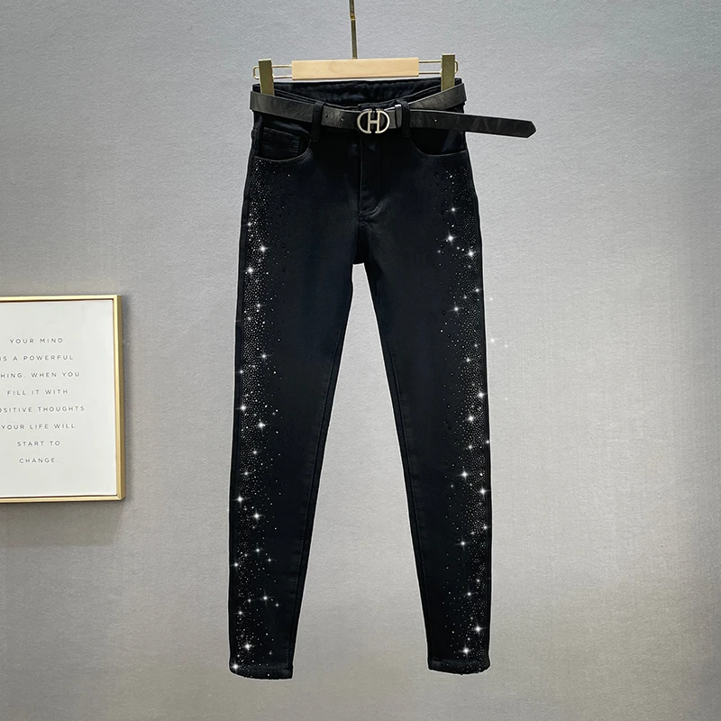 

Женские утепленные джинсы с высокой талией, облегающие, зимние, новые, эластичные, в европейском стиле, с термостразами, модель «карандаш»