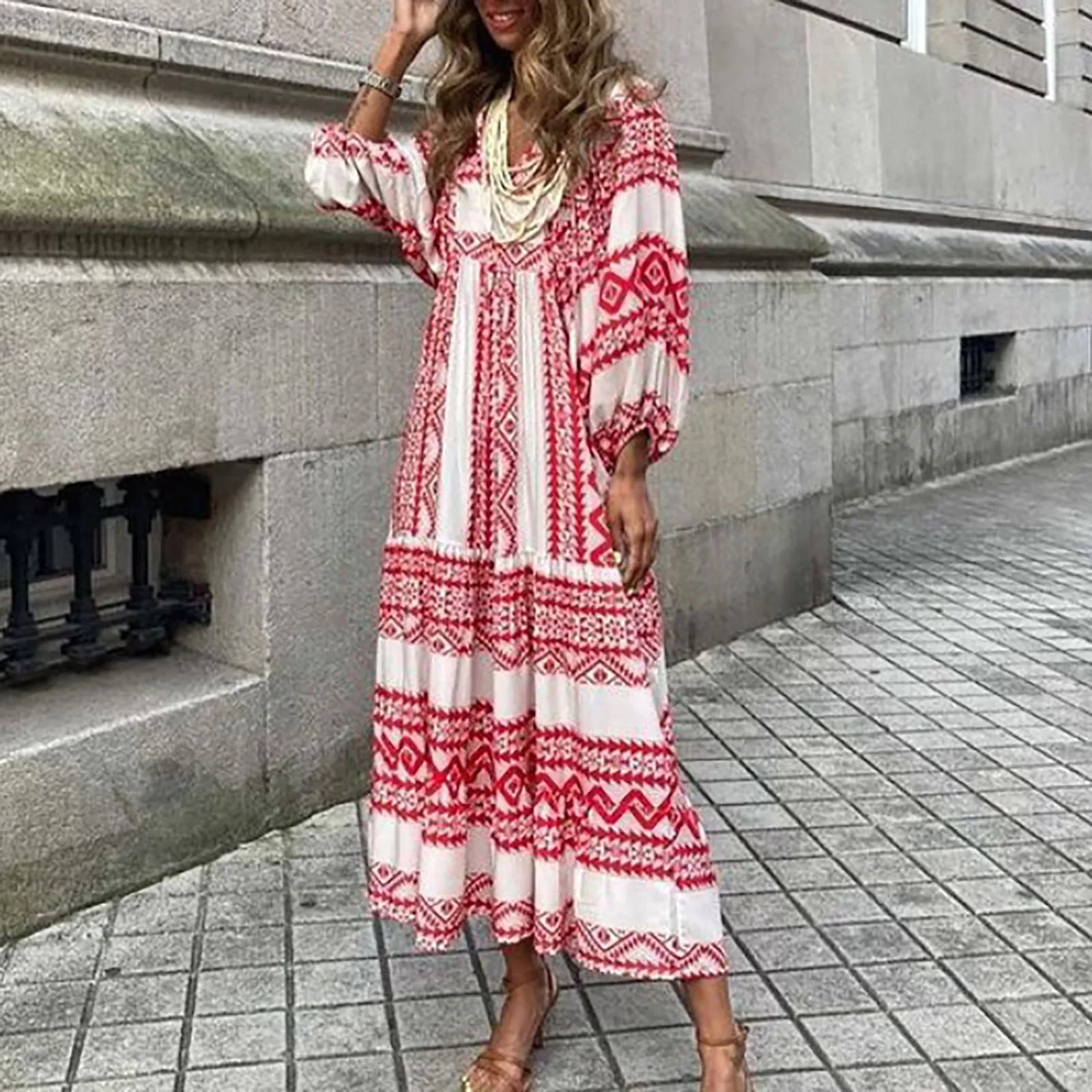 

Ladies Geometric Printed Bubble Sleeved Dresses Oversize Leisure Loose Fashion Women's Clothing Temperament Long Skirts