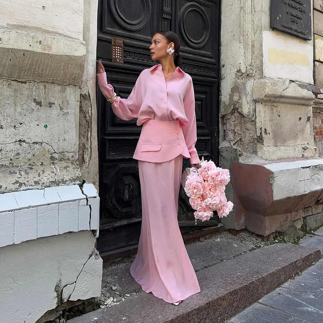 

Осенняя новая женская модная элегантная рубашка с отложным воротником и длинными рукавами, однотонная юбка с поясом, полуюбка, комплект из трех предметов