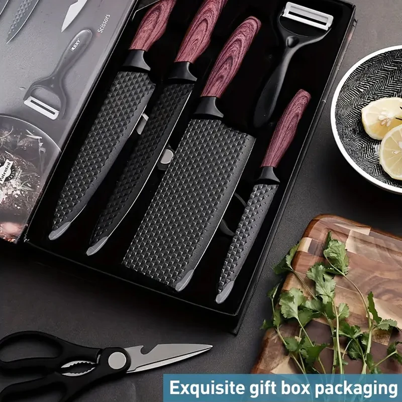 Professional 6-piece kitchen knife set hammer-textured sharp cutting blade meat and salmon slicing knife, kitchen cooking knives
