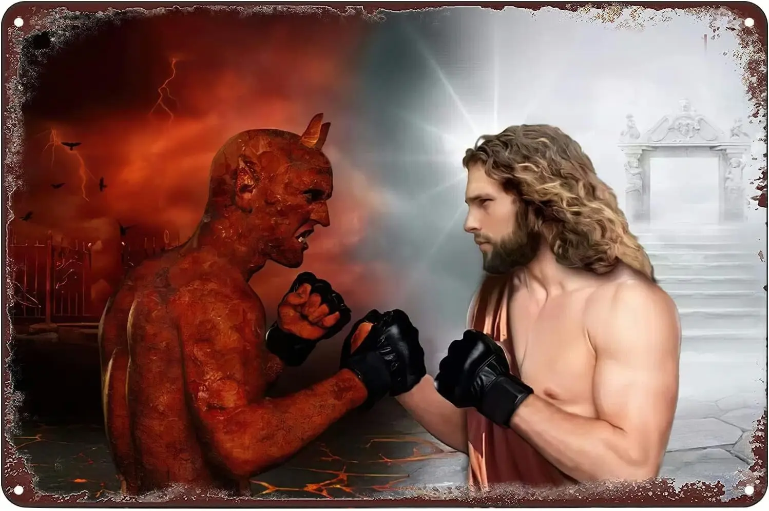 Jesus Christ vs Devil Satan Fighting Metal Poster Boxing Tin Sign Vintage Wall Art Decor Plaque for Home Bar Club Living Ro sign