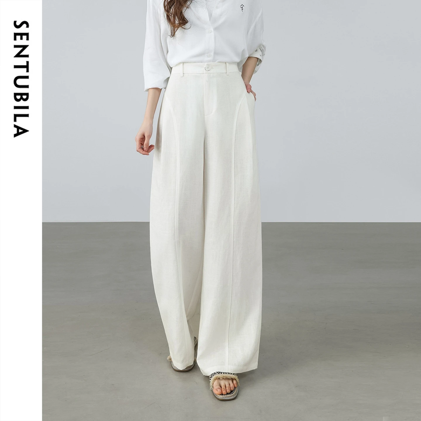 SENTUBILA Women's White Pants Linen Lyocell Blend Wide Leg Trousers 2026 Spring Ladies Trending High Waist Long Pant 161K80360