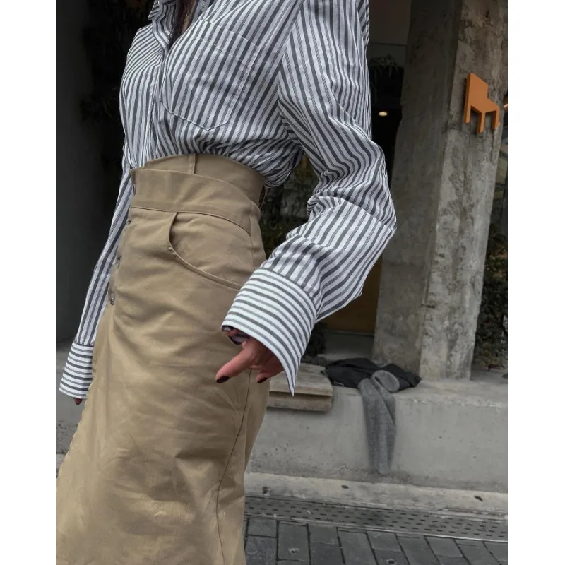 Shpmishal Korean Fashion InsBF Style Shirt Women's Spring Style Stripe Lazy Single Breasted Oversize Shirts Female Clothing