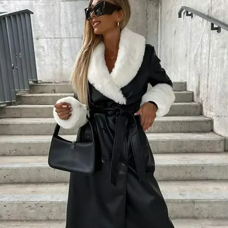 2023 autunno inverno femminile Chic cappotto in pelle Casual risvolto manica lunga Vintage lunga giacca a vento cintura tasca in pelliccia sintetica giacche da donna