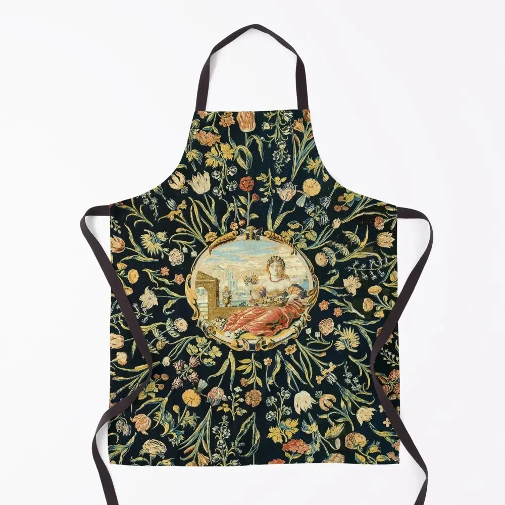 

LADY FLORA AMONG FLOWERS Antique Floral Tapestry Apron Waiter Uniforms Nursing Apron