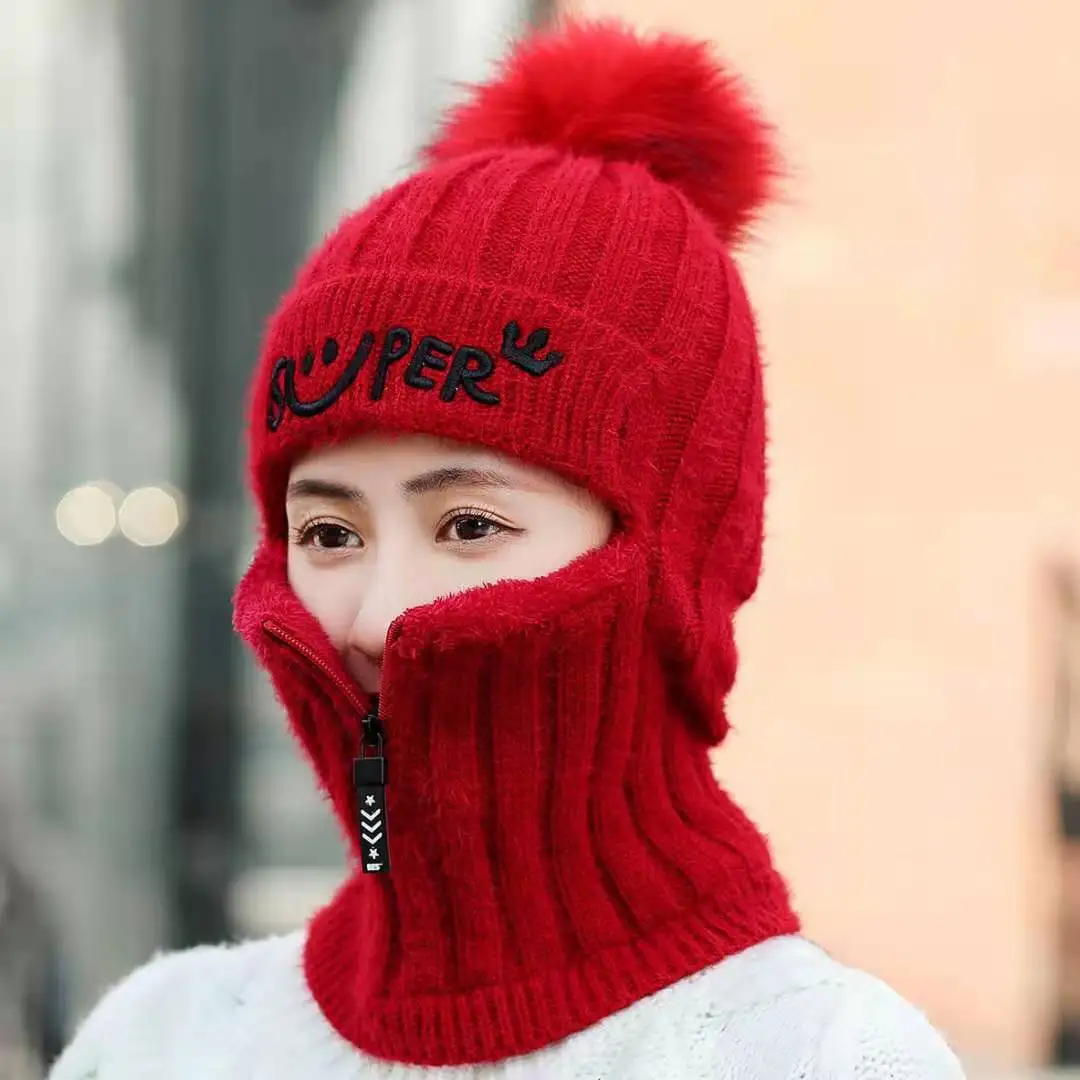 Coral Fleece Winter Women Knitted Hats Add Fur Warm Winter Hats For Women With Zipper Keep Face Warmer Balaclava Pompoms Caps