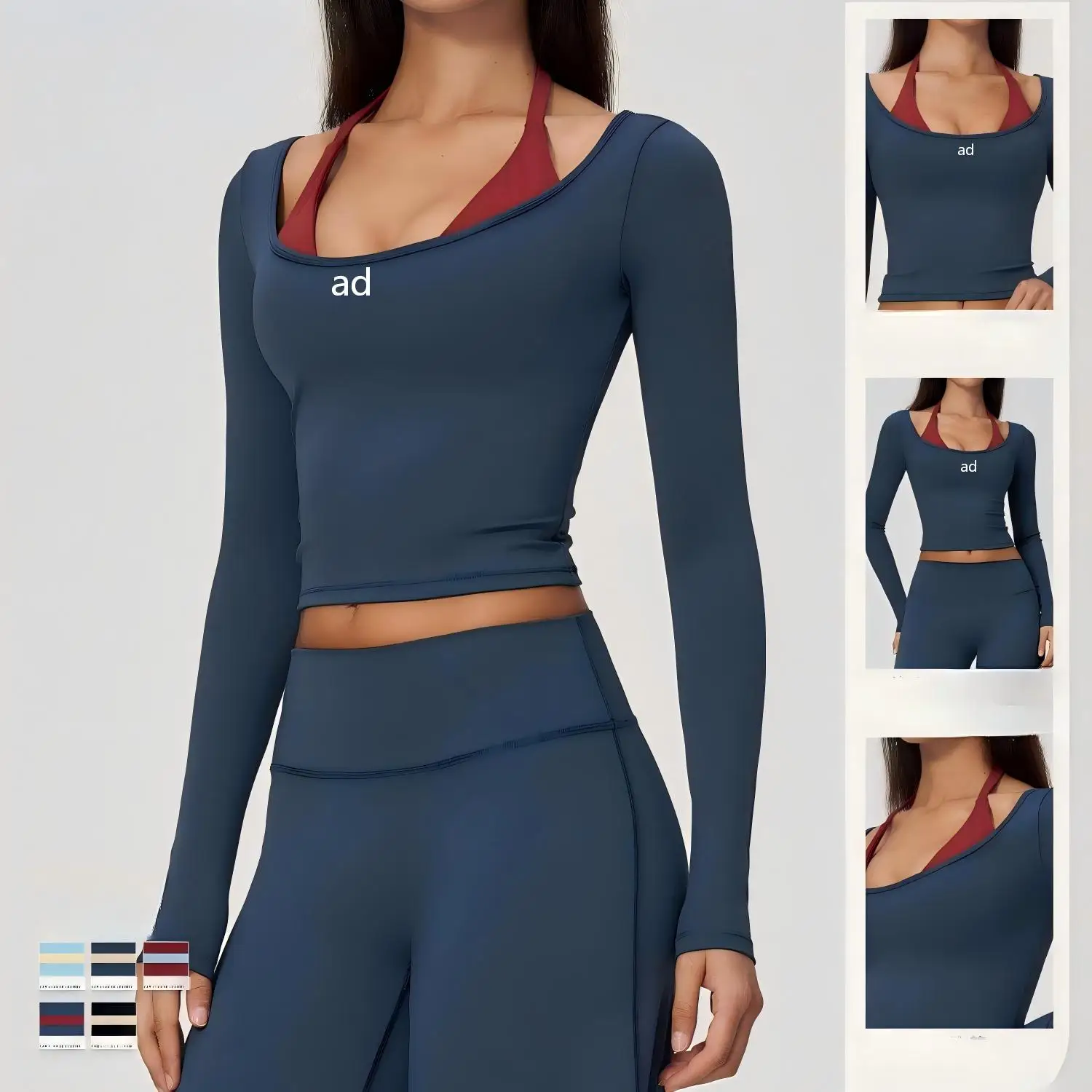 New Fake Two piece Yoga Top - Strap Hanging Neck Tight Waist, Quick drying Breathable Fitness Long Sleeve