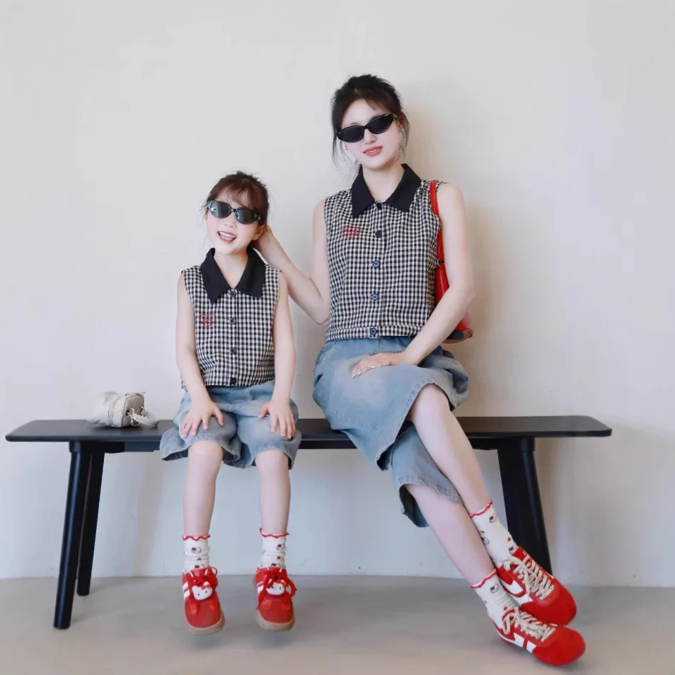 Mother Daughter Matching Vest Shirts Checkered Embroidered - Summer 2025 New Premium Boutique Tops