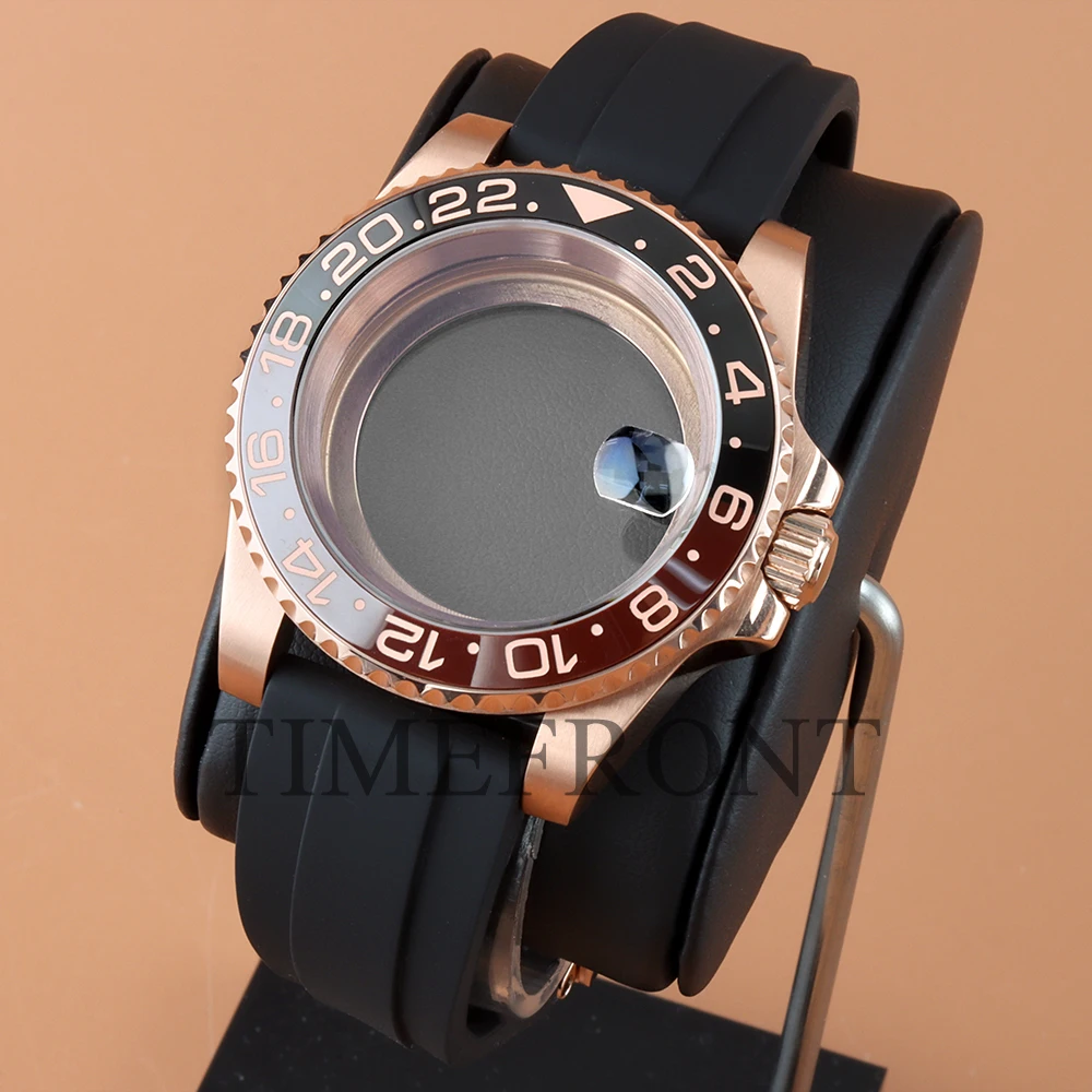 40mm Rose gold Watch Case Rubber Strap Fit SUB/GMT NH34 NH35 NH36 NH38 Movement 28.5mmDial Multi-functional Bezel Sapphire Glass