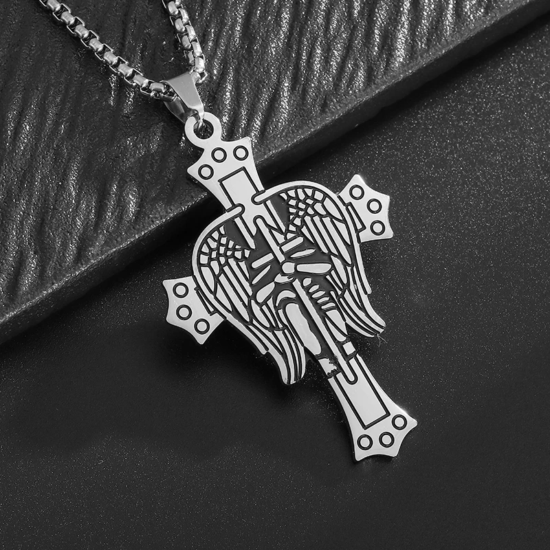 High Quality Stainless Steel Holy Archangel Saint Michael Wings Cross Pendant Necklace Men Women Amulet Jewelry Gift