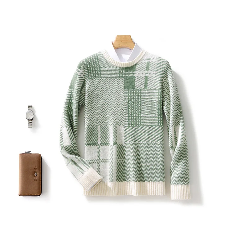 Autumn Winter 100% Merino Wool Fashion O-Neck Color-Block Striped Sweater Pullover Cashmere Long Sleeves Casual Clothing Top