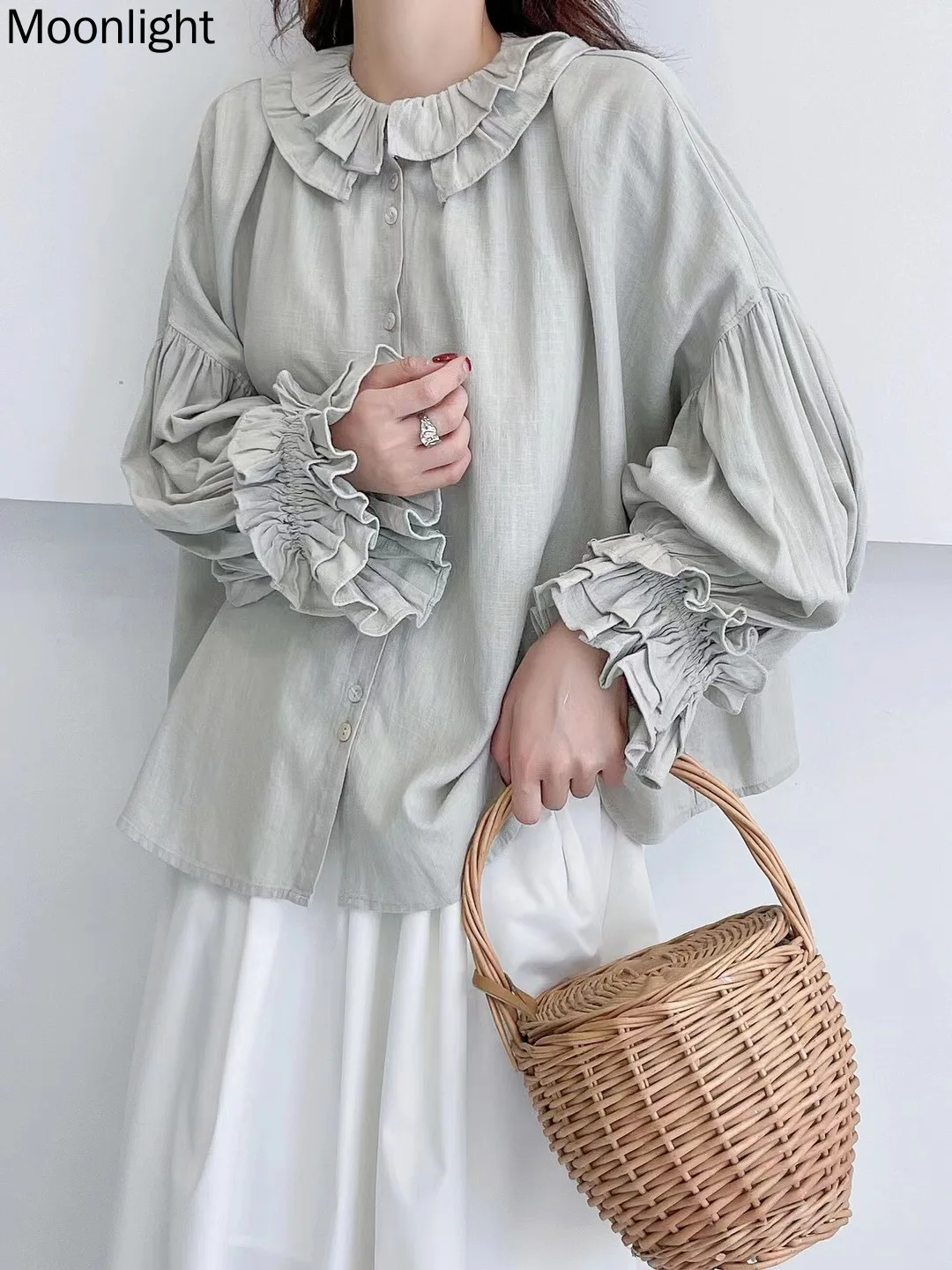 Retro French Chic Style Women Tops Sweet Mori Girl Doll Collar Cotton Linen Shirt Female Loose Wide Lantern Sleeve Female Blouse