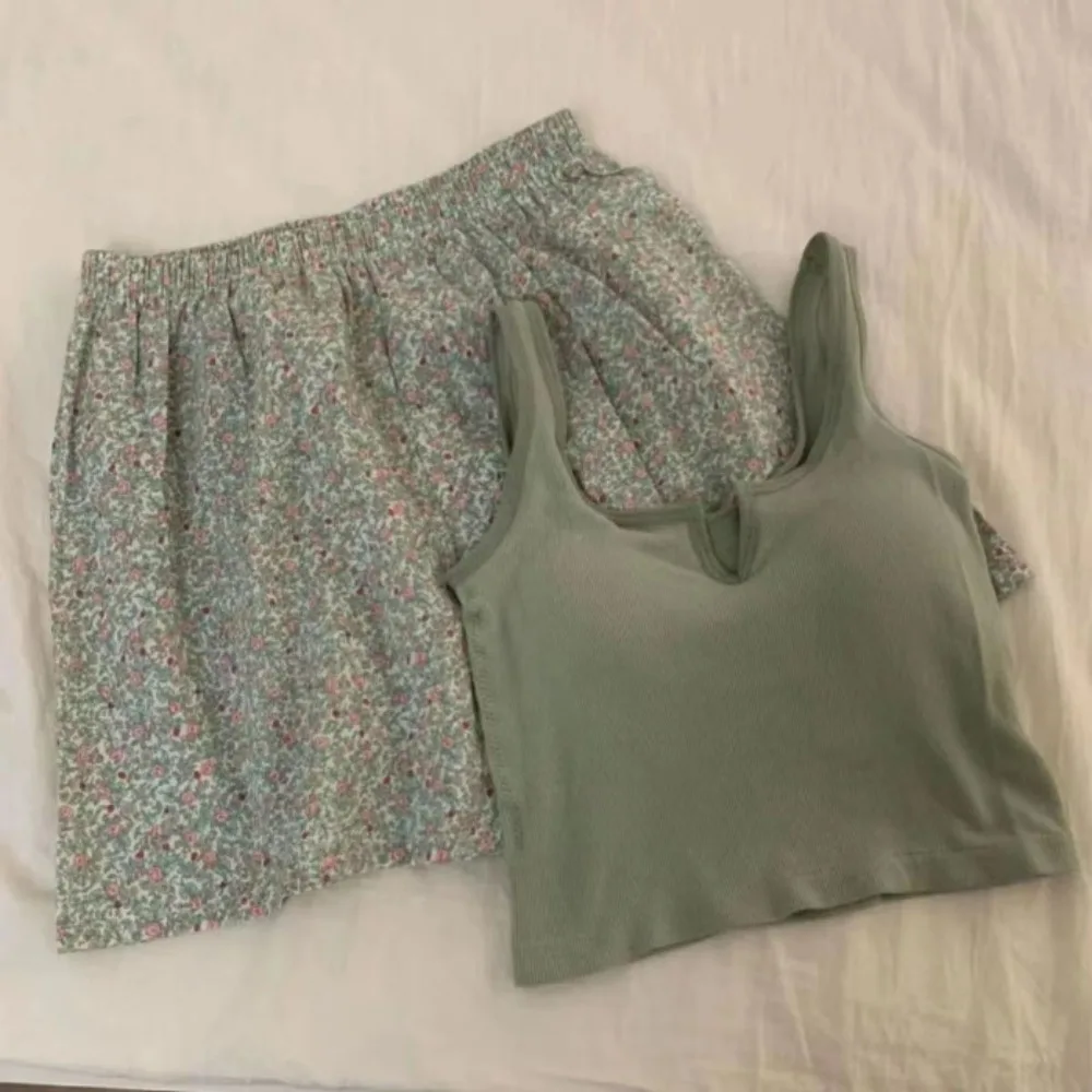 

Soft Plaid Floral Striped Pajamas Sleeveless V-neck Flower Pajama Sets Home Clothes Sweet Shorts Camisole Suit Summer