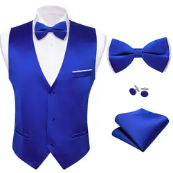 Designer Vest for Men Royal Blue Silk Solid Plain Waistcoat Bowtie Set V Neck Wedding Business Male Sleeveless Jacket Barry Wang