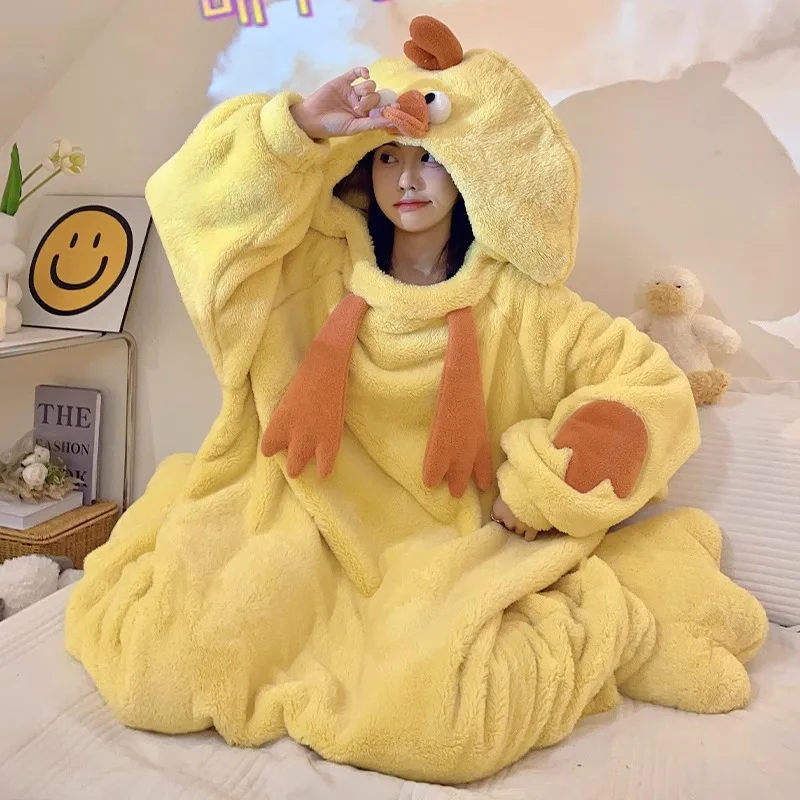 Little Yellow Chicken Coral Velvet Couple Pajamas One-piece Robe Warm Flannel Funny Pajamas Women Winter Home Wear