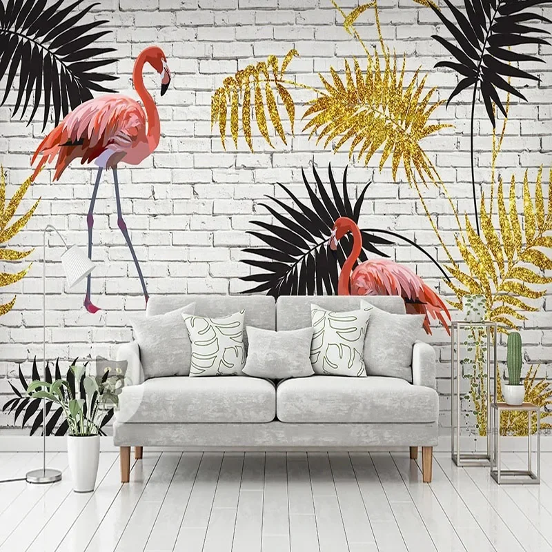 

Custom 3D Wall Mural Gold Leaf Flamingo Modern Fashion Background Wall Decor Living Room Bedroom Restaurant Cafe Photo Wallpaper