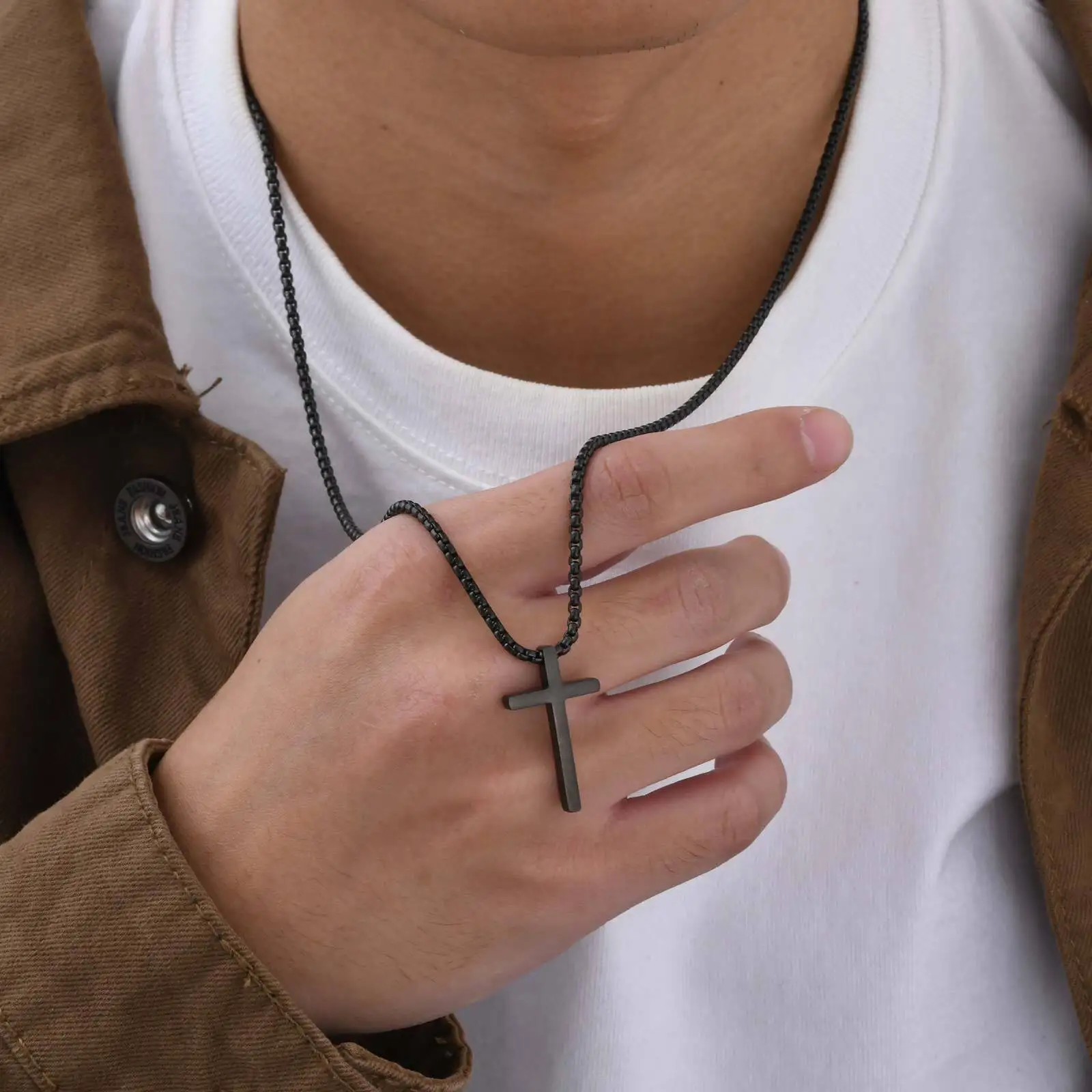 Waterproof Men's Cross Pendant Necklaces,60cm Silver Black Gold Color Christian Pendant,Classic Jewelry Gift for Him - Image 2