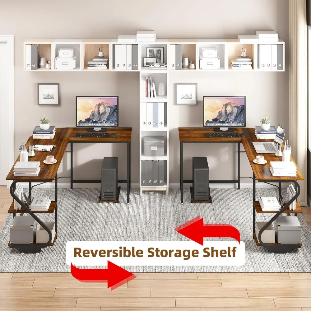 Wendbarer L-förmiger Schreibtisch mit Regalen, großer Eck-Gaming-Computertisch für Heimbüro, Schreibarbeitsplatz, Holztisch