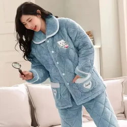 Nachtwäsche Frauen Winter zu Hause Schlaf Kleidung drei schicht ige dicke Baumwolle Nachthemd Flanell Korallen Fleece warmen Mantel große Homewear Set