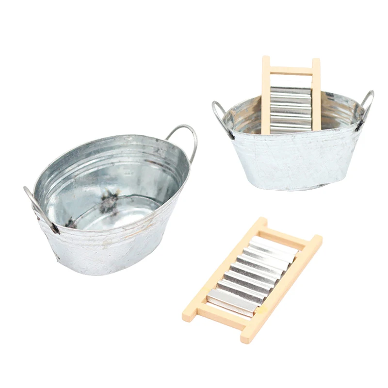 1Set 1:12 Dollhouse Miniature Washboard Iron Bucket Bathroom Furniture Model DIY Doll House Accessories For Kid Pretend Play Toy