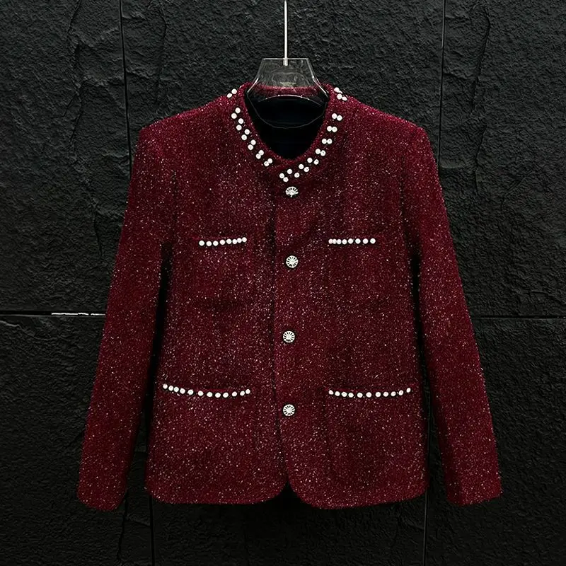 High street Men's Rhinestone Beading Jacket Autumn Fashion Elegant Male Round Neck Single Breasted Shiny Multi Pocket Coat