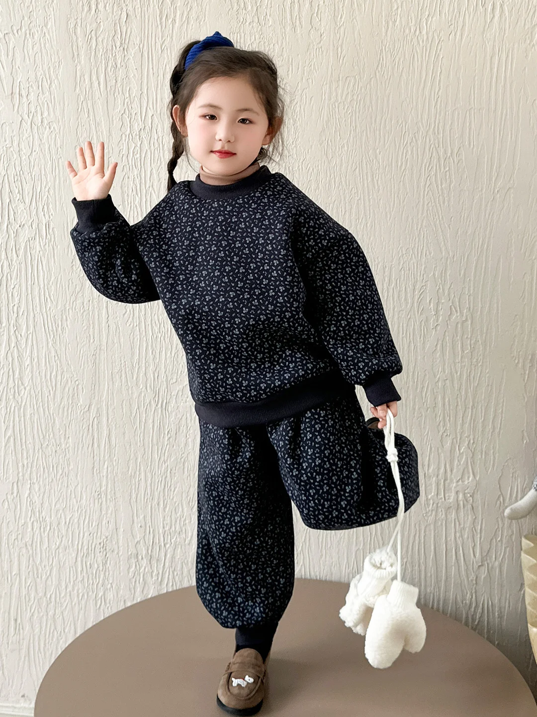 

Girls Winter Faion Print Double Collar Fce Lined Thiened Cotton Warm Two Piece Set Children's Casual Sportswear