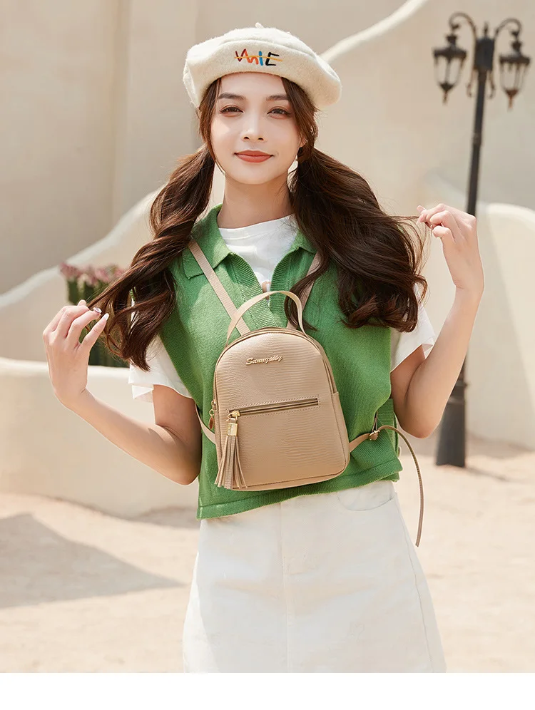 New Fashionable and Simple Solid Color Tassel Decorative Crossbody Backpack Backpack Handheld Women\'s Bag Shoulder Bag