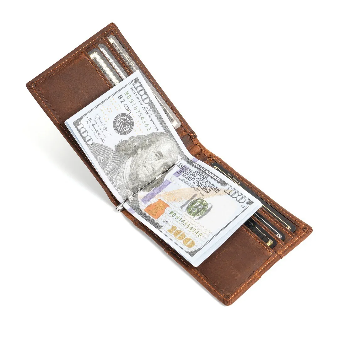 

Мужской кошелек из натуральной кожи в стиле ретро — компактный двойной слот с защитой от RFID и несколькими отделениями для карт | Стильная Purase с зажимом для денег