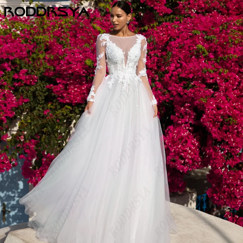 RODDRSYA Long Sleeve Wedding Dress For Women Elegant Lace Scoop-Neck Bride Party Appliques A-Line Backless Vestidos De Novia