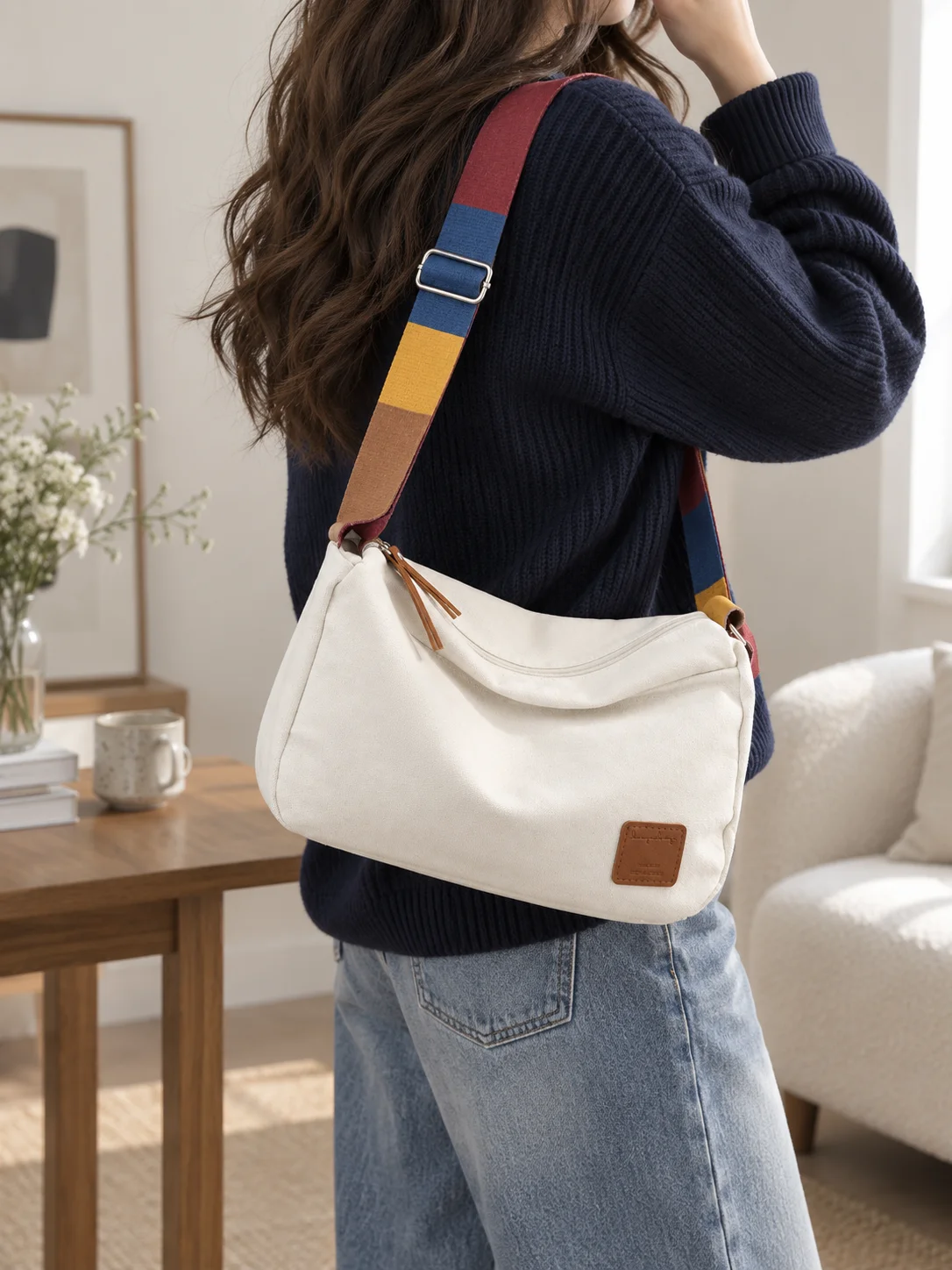 Women’s Large Capacity Canvas Shoulder Bag, Adjustable Color Block Strap Casual Crossbody Hobo Bag for Daily Travel