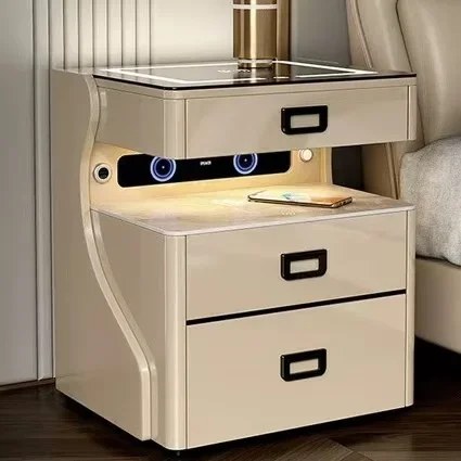 2026 Modern Luxury Smart Bedside Table With LED Lights Wireless Charging, Safe Bluetooth Speaker Bedroom Wooden Storage Furnitur