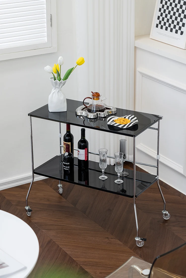 Acrylic folding coffee table online celebrity medieval cart with several movable display racks.