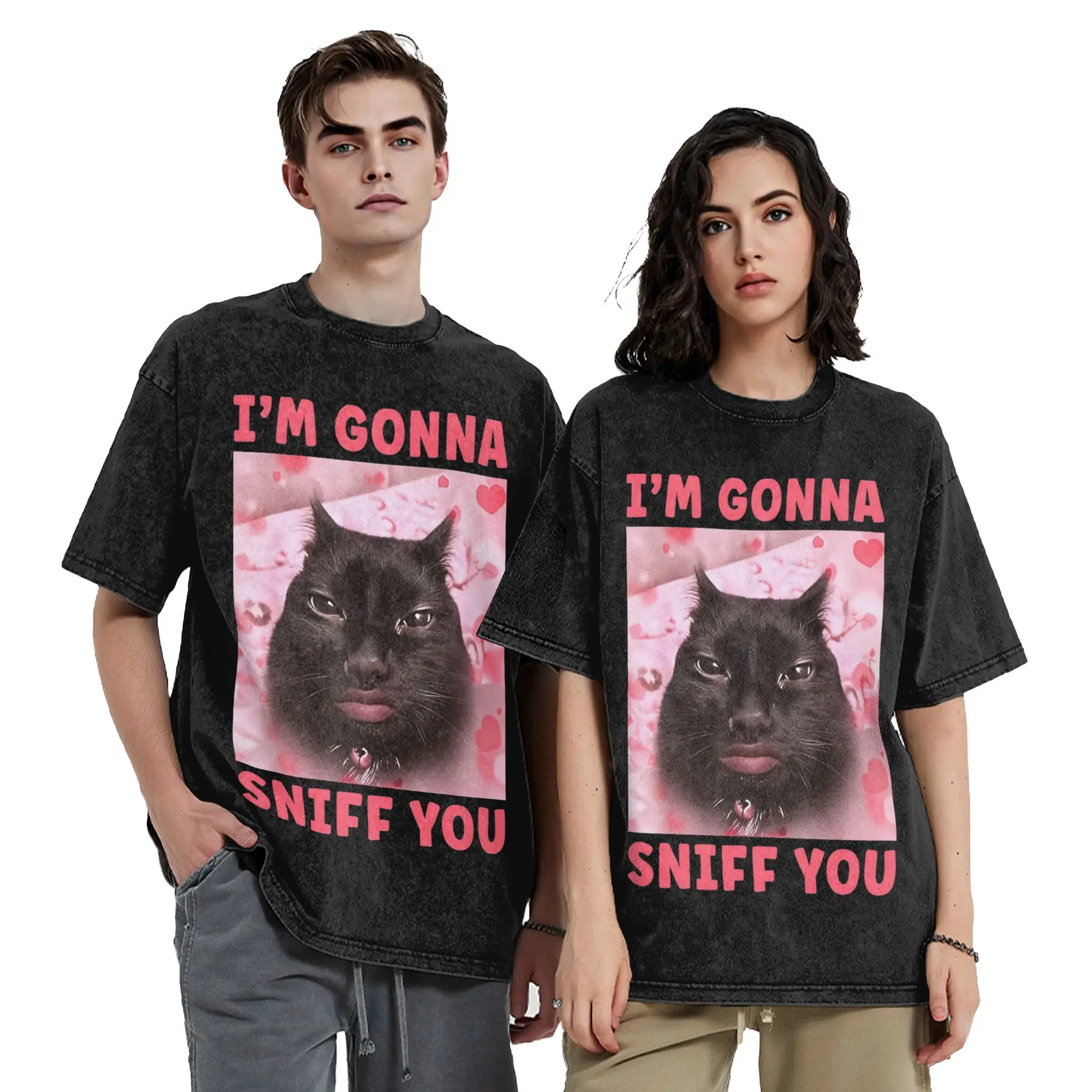 I'm Gonna Sniff You Black Cat Meme Washed T Shirts Streetwear Hip Hop Vintage T-Shirt Tees Men Women Oversize Printed