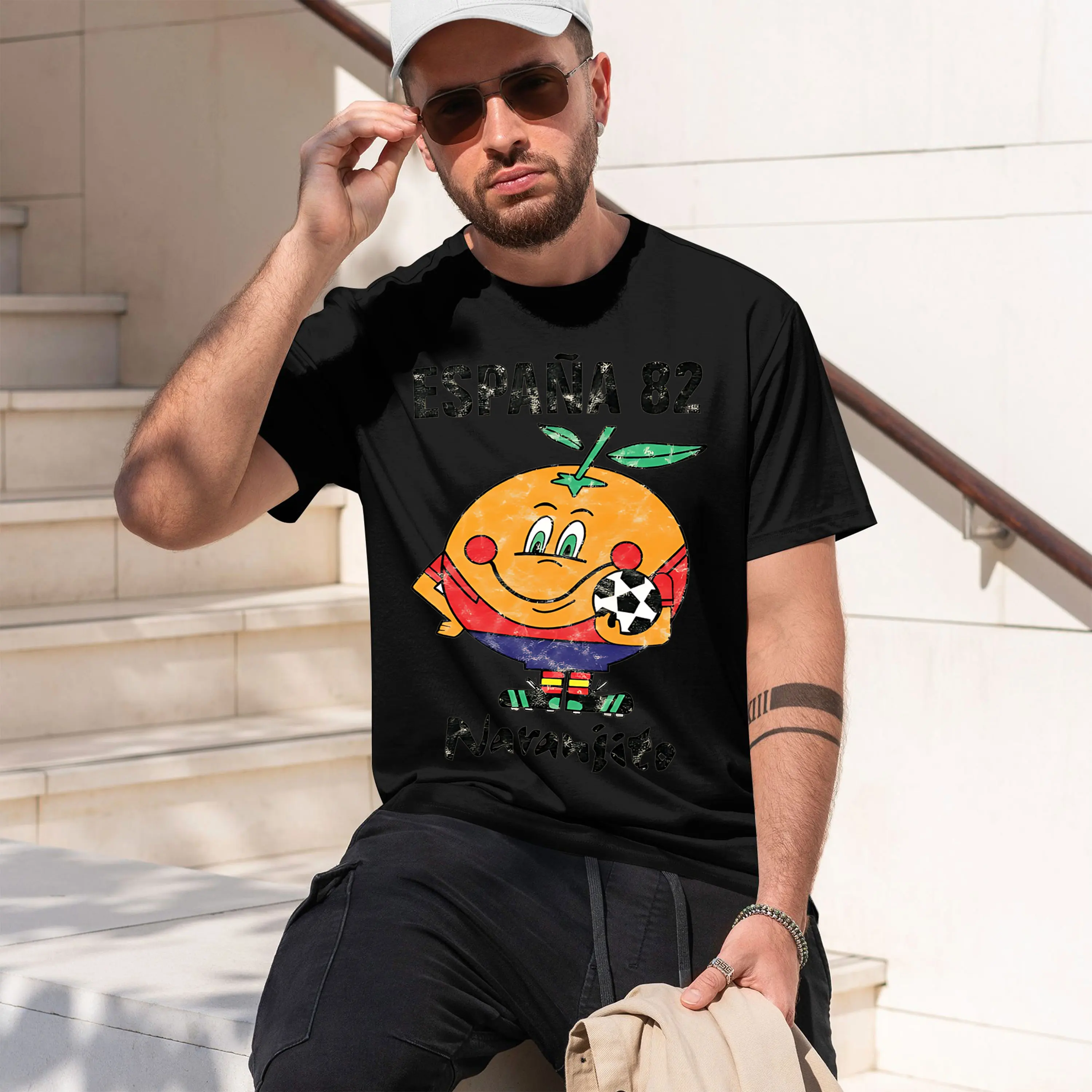 Naranjito Mundial de Futbol 82 España 2026 Nuevo modelo Camiseta de manga corta con cuello redondo para hombre Clásica Casual Múltiples colores y tallas