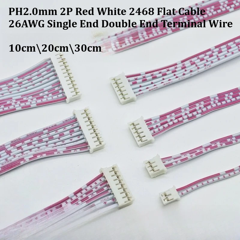 10Pcs PH 2.0mm  Red White 2468 Ribbon Cable 26AWG Single/Double Head Terminal Wire JST PH Compatible Connector for Power Signal