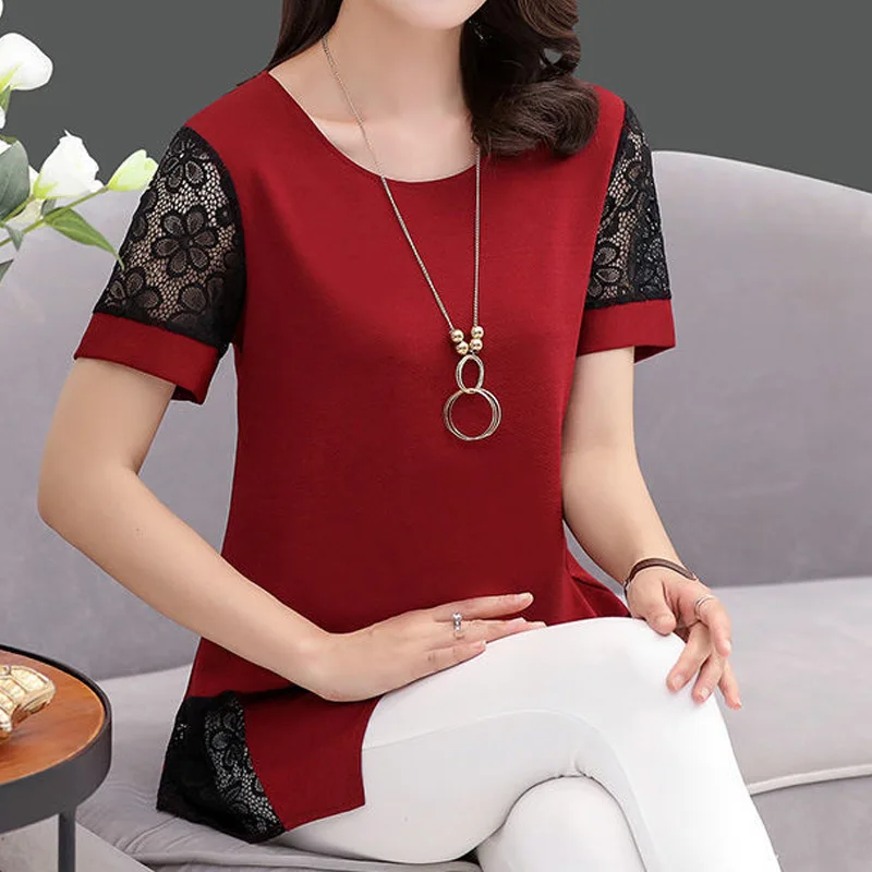 

Summer New Lace Patchwork Short Sleeve Plus Size T Shirt Tops Solid Loose Versatile Pullovers Casual Fashion Women Clothing