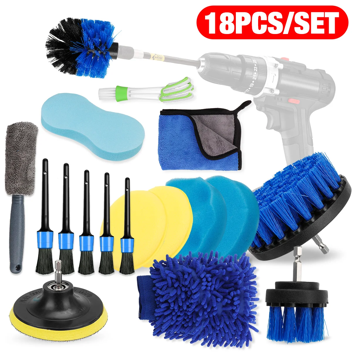 18Pcs Car Cleaning Detailing Kit with Boar Bristle Car Detail Brushes Electric Drill Brush Car Wax Applicator Pad Wash Towel