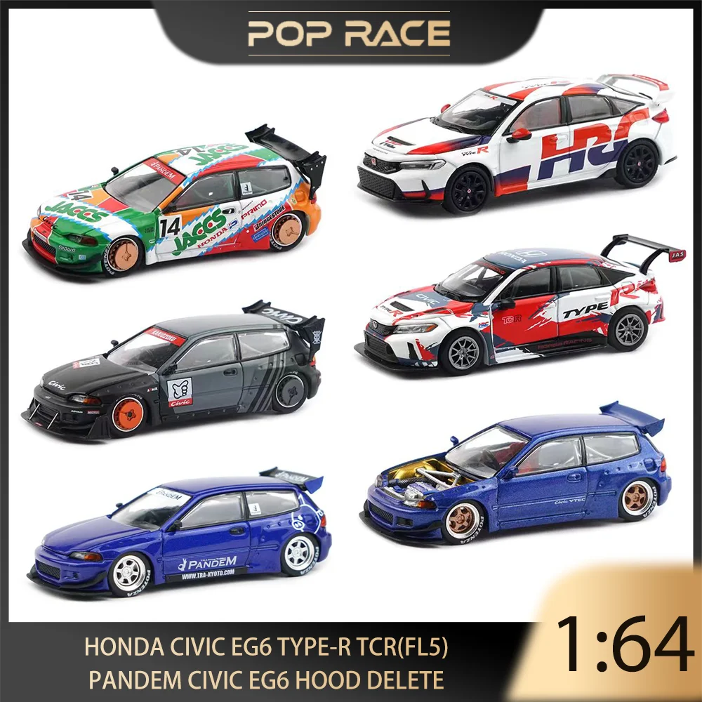 

POP RACE 1/64 Honda Type-R TCR (FL5) PANDEM Civic EG6 Hood Delete Alloy Premium Diecast Vehicle Model Toys Collectible