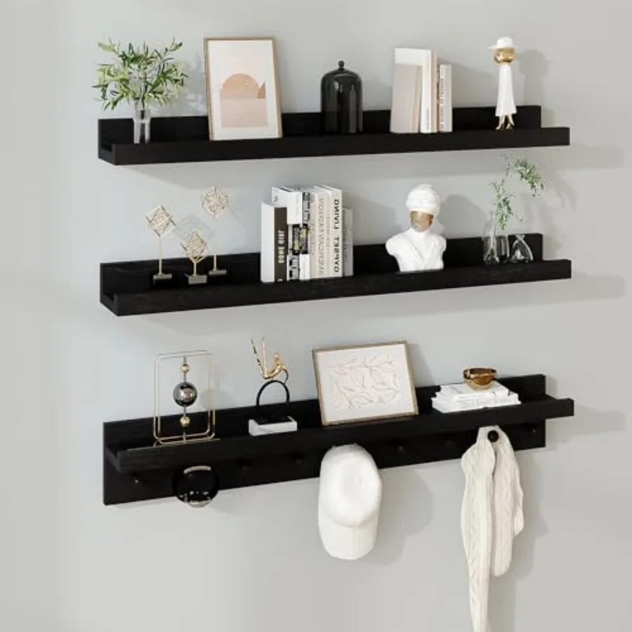 

Solid Wood Floating Shelves for Entryway Wall Shelf with Hooks and Wooden Pegs Modern Versatile Picture Ledge to Organize Livg