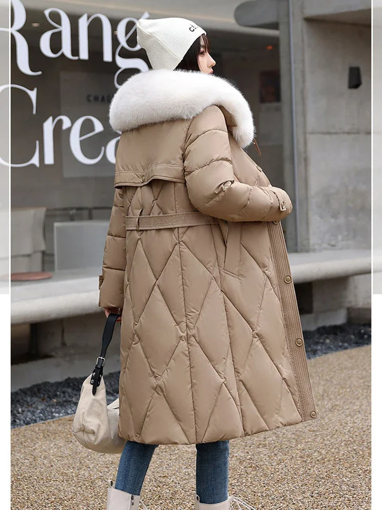 Long Parkas Women Winter Coats Long Sleeve Down Cotton Cotton Jacket Slim Warm Lace-up Jackets Casual