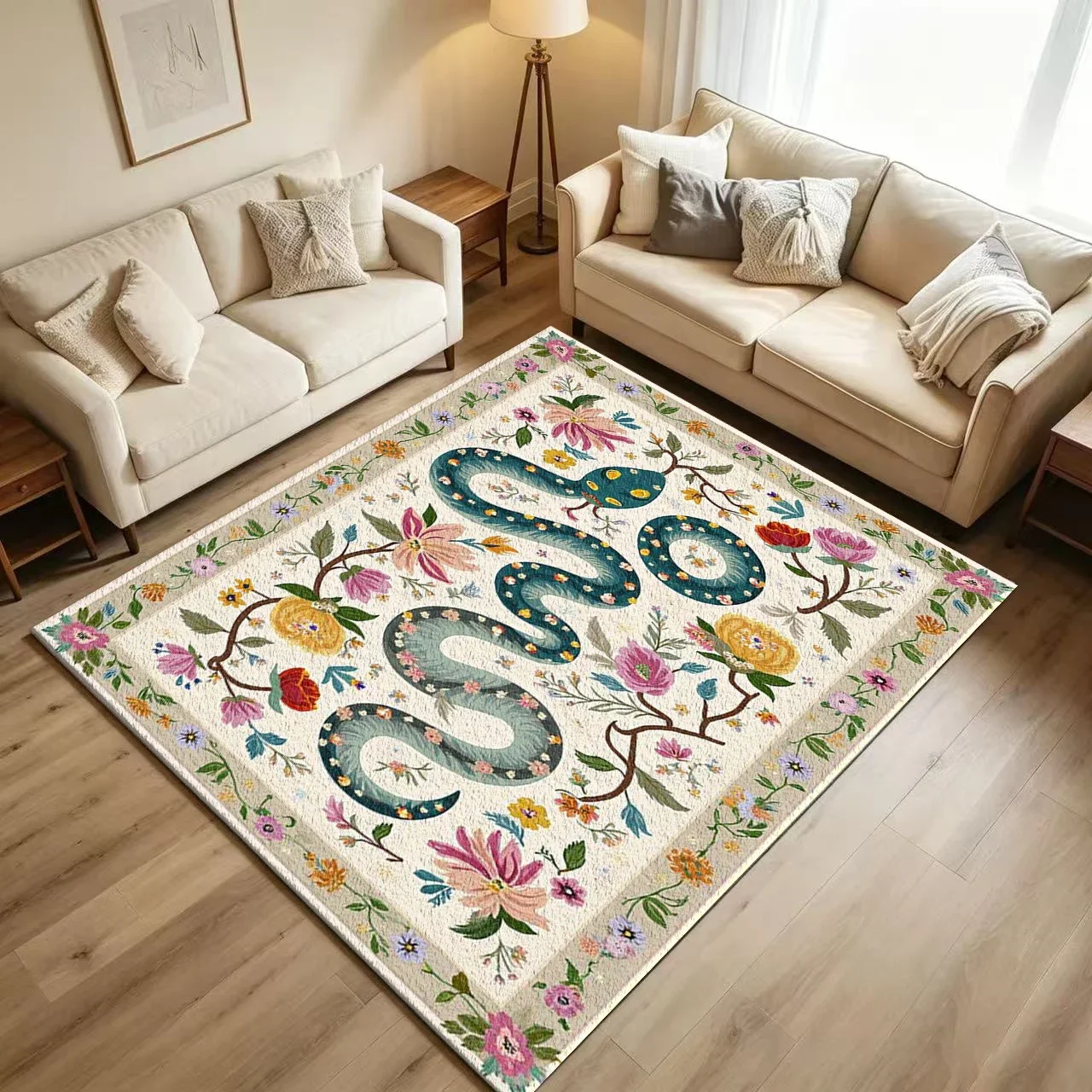 Boho Art Snake Floral Carpet Flooring Retro Folk Style Serpent Colorful Wildflower Border Printed Floor Rug for Household Indoor