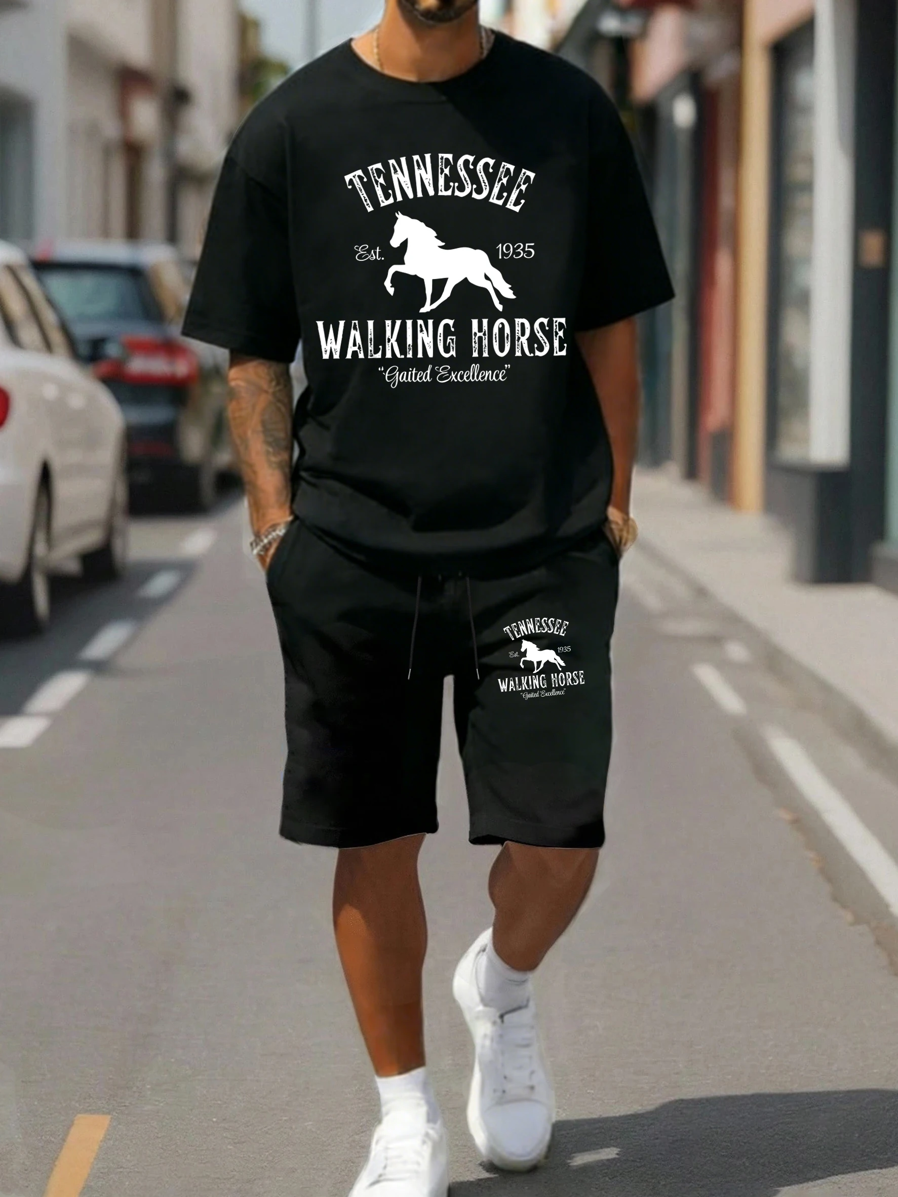

Tennessee Walking Horses Print Men T-Shirt Suit Fashion O-Neck Cotton Tee Loose Drawstring Shorts Set Unisex Retro Streetwear