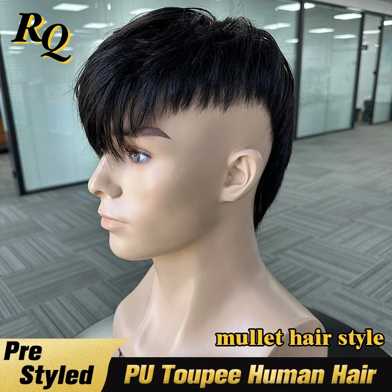 PU Toupee For Men Mullet Pre Styled Men's Toupee 100% Real Human Hair PU Base Toupee Hair Replacement System Piece Protesis Male