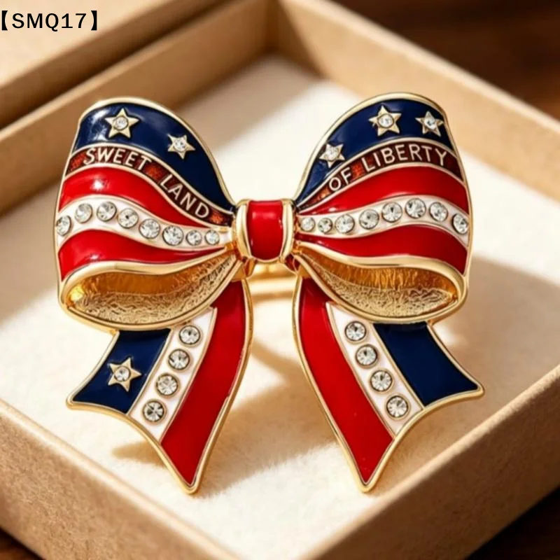 American Flag Bow Brooches Patriotic Bow Enamel Pins USA Flag Colors Red White Blue Enamel Rhines Lapel Badges Jewelry GiftSMQ