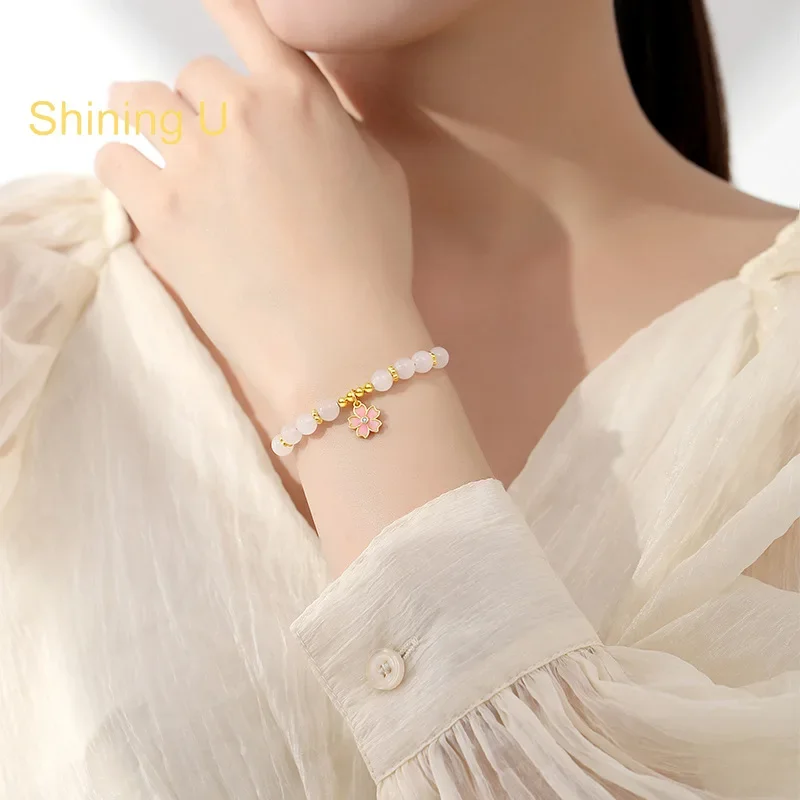 Shining U S925 Silver Cherry Blossom Sakura Hetian Jade Bracelet for Women New Chinese Style Fine Jewelry Gift