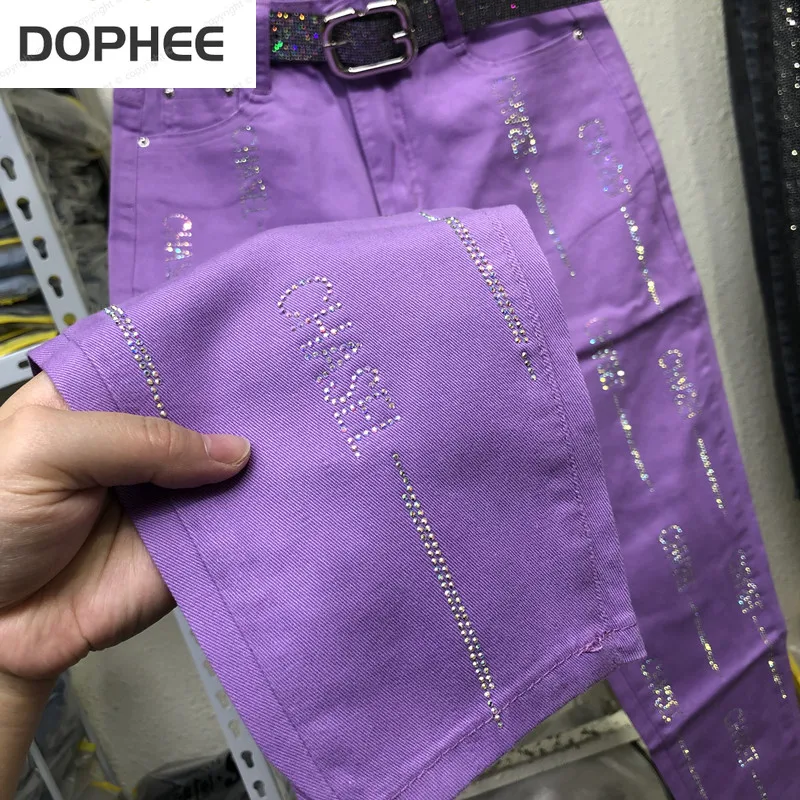 

2022 New Summer Women Long Trousers Slimming High Waist Candy Color Letter Hot Drilling Stretch Skinny Pencil Jeans Denim Pants