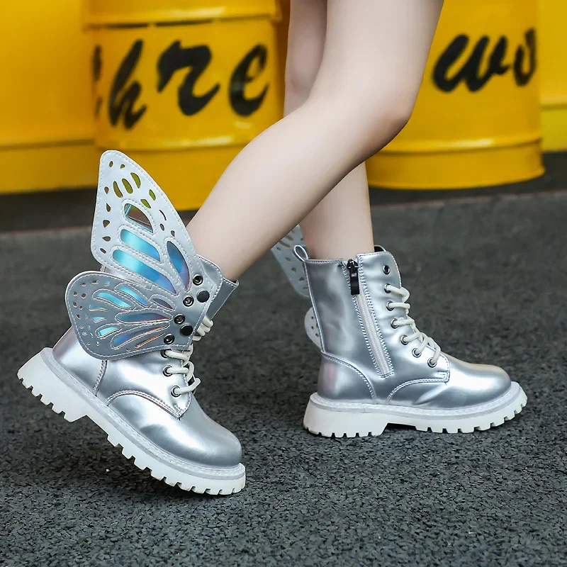 Botas antideslizantes de charol plateado para niña, botines informales de mariposa y Princesa, zapatos de otoño e invierno, novedad de 2023